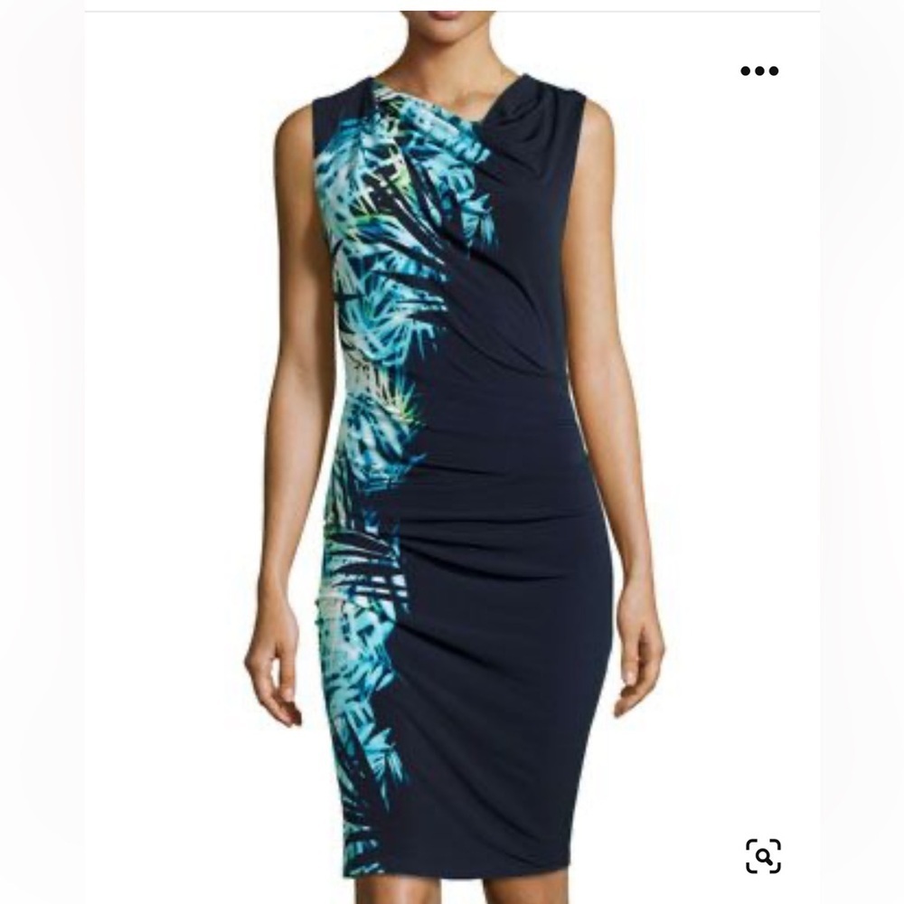 TAHARI cowl neck drape / ruched side stretch sheath dress floral color block XL
